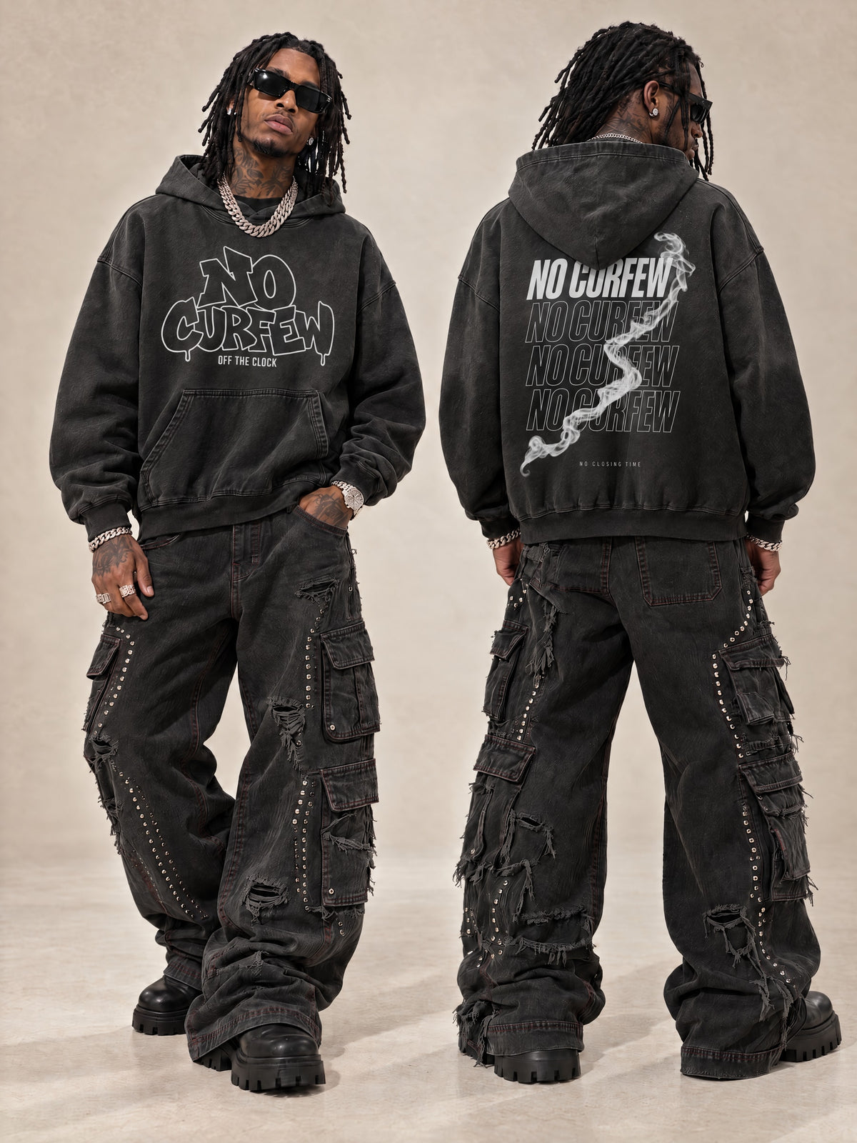 480GSM Unisex Monkey Wash Heavyweight French Terry Hoodie — styled front and back models