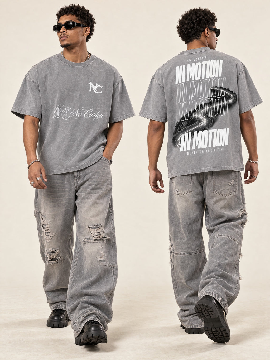 285GSM Unisex Boxy-Fit Distressed Fried-Color Snow-Wash Loose T-shirt — styled front and back models