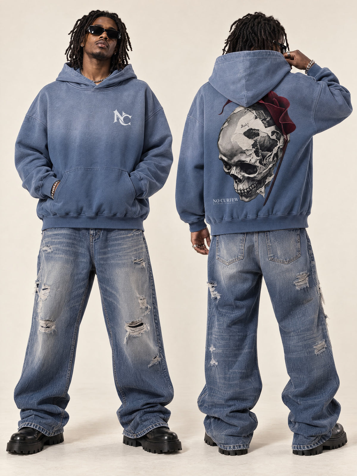 480GSM Unisex Monkey Wash Heavyweight French Terry Hoodie — styled front and back models