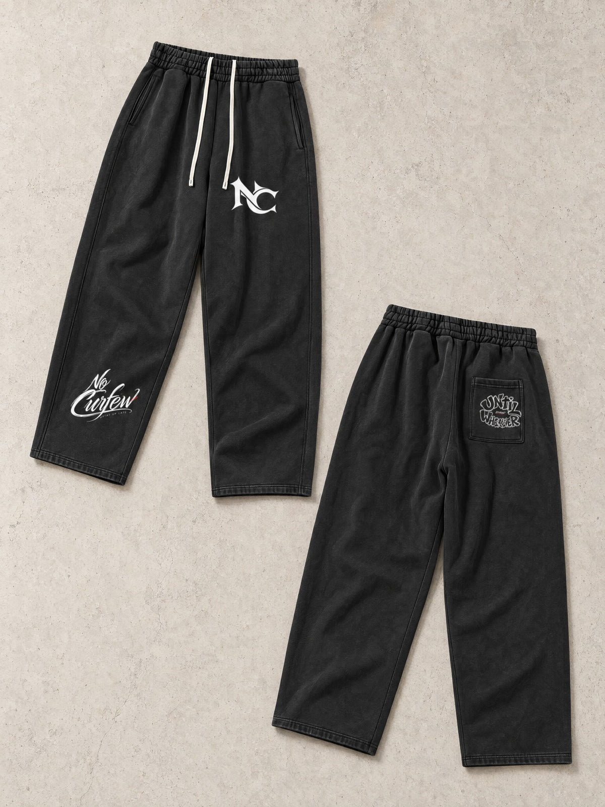 400GSM Men’s Vintage-Wash Scythe-Cut Barrel Pants — front and back flat lay