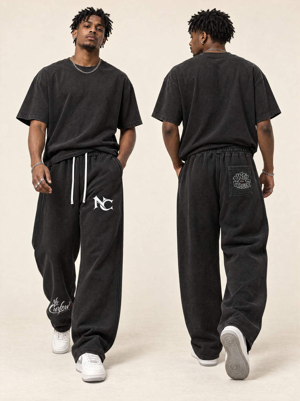 400GSM Men’s Vintage-Wash Scythe-Cut Barrel Pants — styled front and back models
