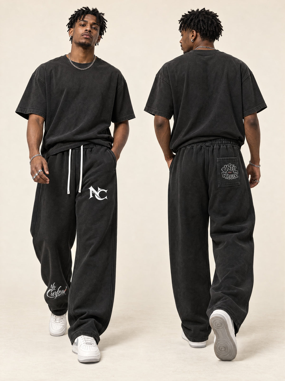 400GSM Men’s Vintage-Wash Scythe-Cut Barrel Pants — styled front and back models