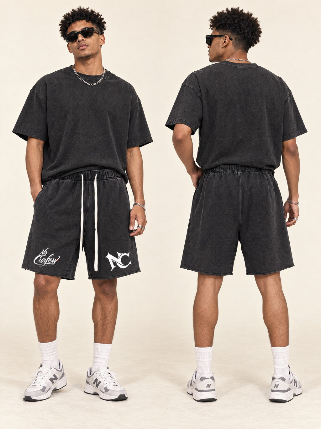 410GSM Unisex Distressed Vintage-Wash Raw-Hem Shorts — styled front and back models