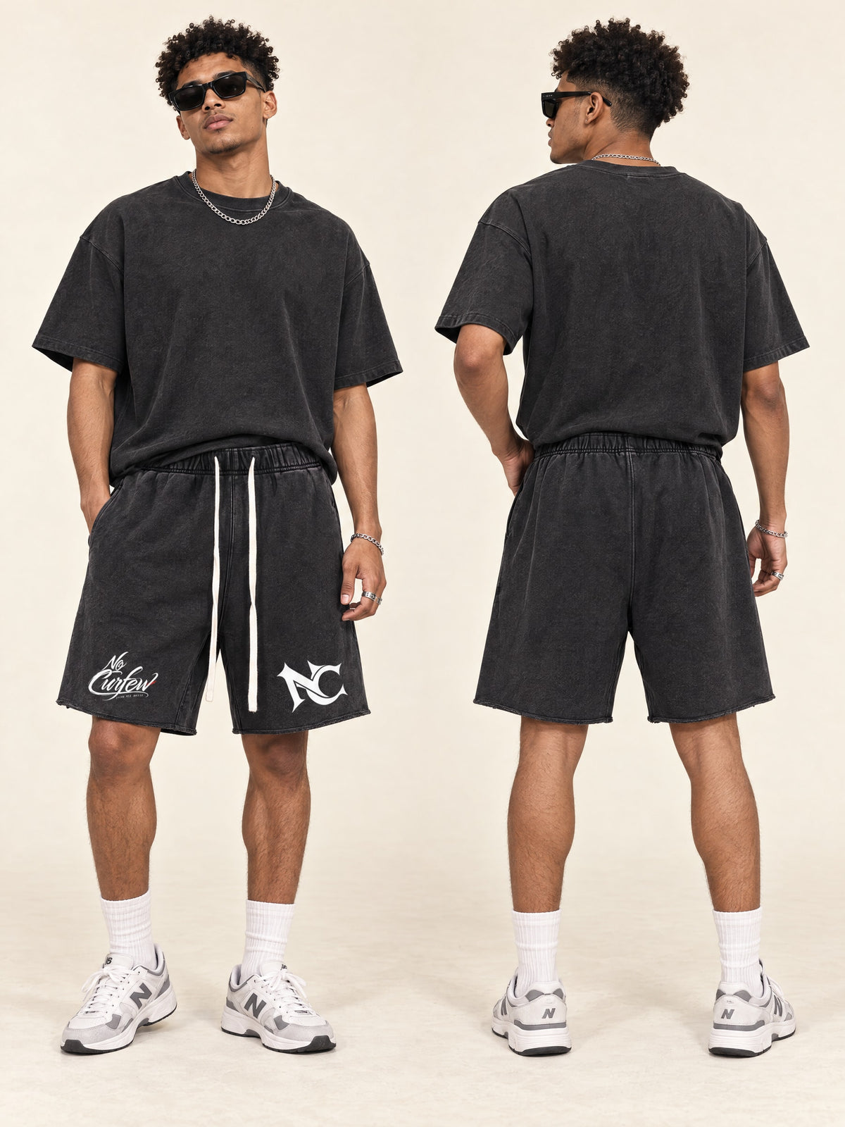 410GSM Unisex Distressed Vintage-Wash Raw-Hem Shorts — styled front and back models