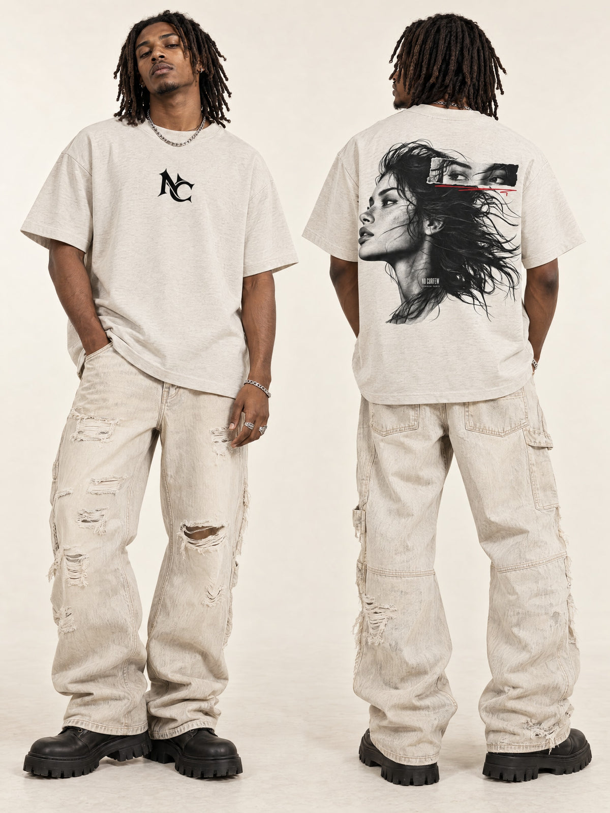 345GSM Unisex Solid-Color Heavyweight Crew Neck T-shirt — styled front and back models