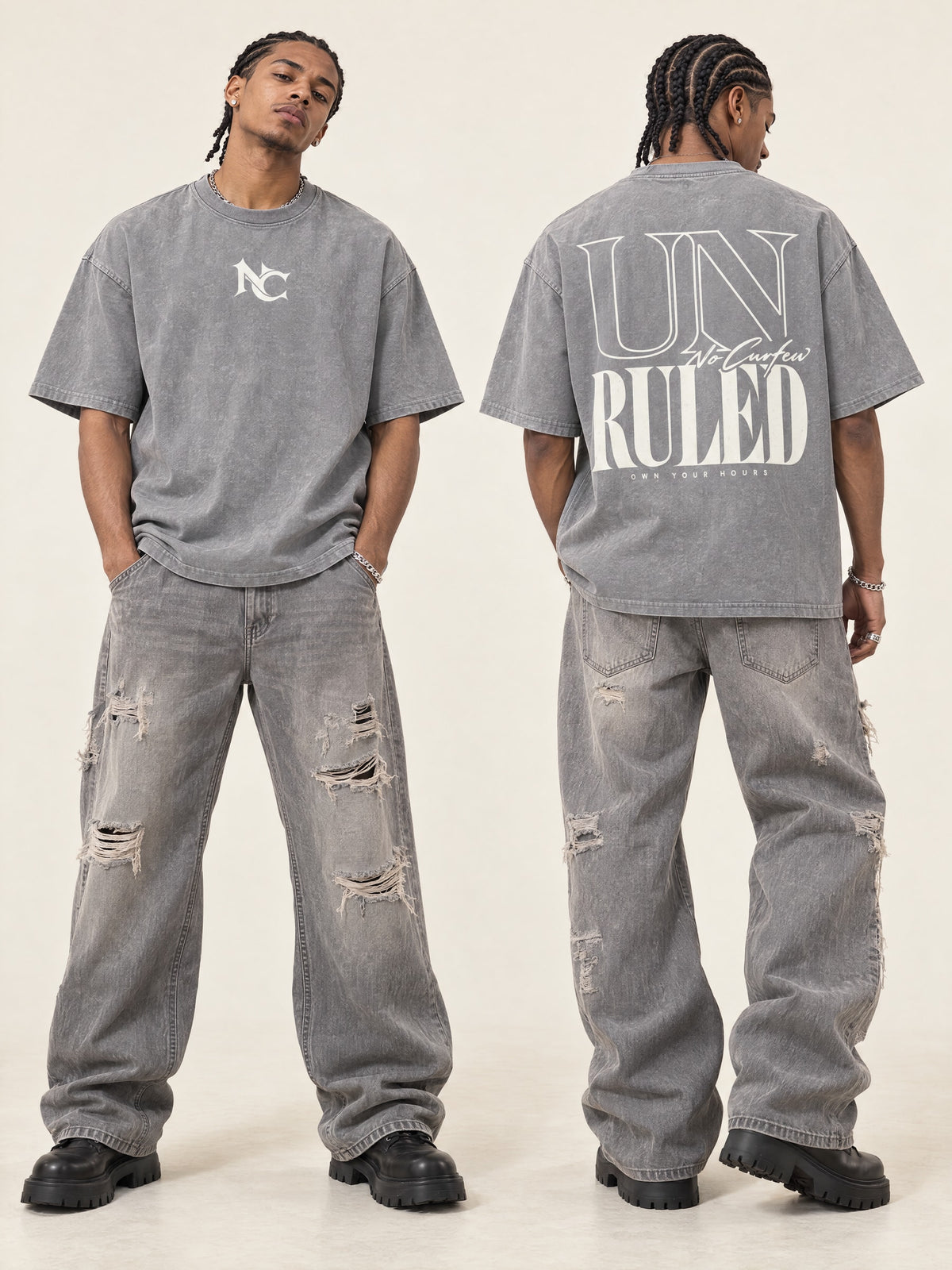 285GSM Unisex Boxy-Fit Distressed Fried-Color Snow-Wash Loose T-shirt — styled front and back models