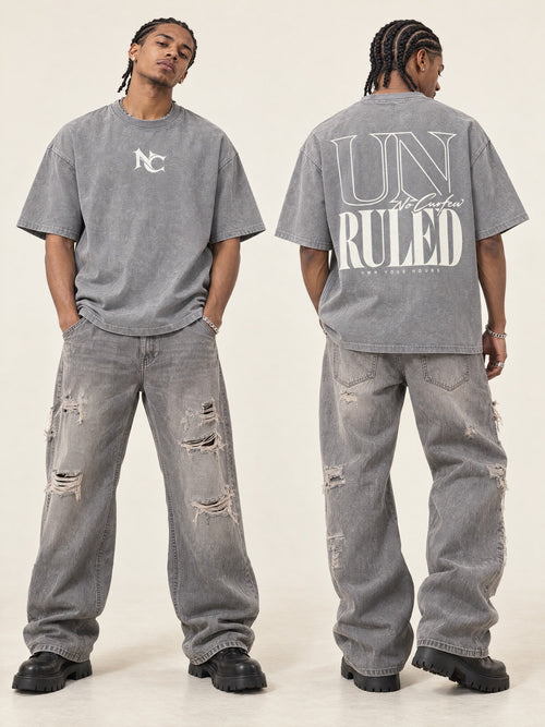 285GSM Unisex Boxy-Fit Distressed Fried-Color Snow-Wash Loose T-shirt — styled front and back models