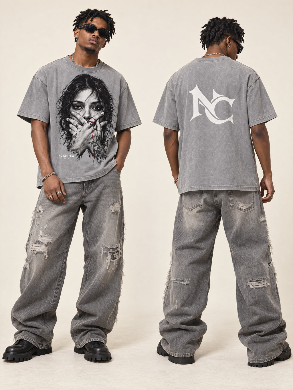 285GSM Unisex Boxy-Fit Distressed Fried-Color Snow-Wash Loose T-shirt — styled front and back models