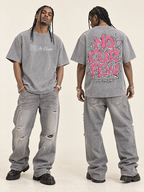 285GSM Unisex Boxy-Fit Distressed Fried-Color Snow-Wash Loose T-shirt — styled front and back models