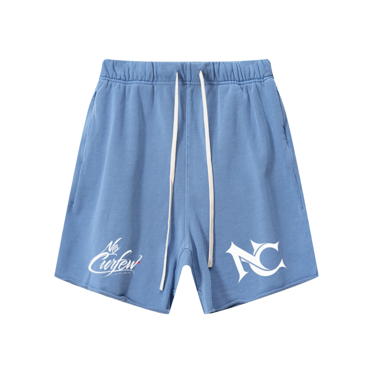 410GSM Unisex Distressed Vintage-Wash Raw-Hem Shorts Light Blue