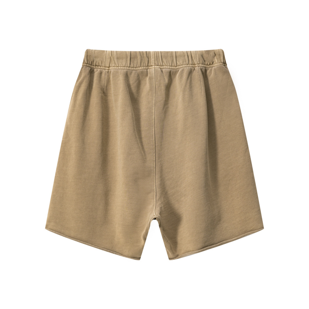 410GSM Unisex Distressed Vintage-Wash Raw-Hem Shorts Khaki